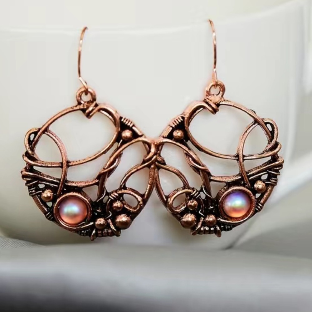 Copper Tone Filigree Hoop Earrings with Iridescent Pearl Accent